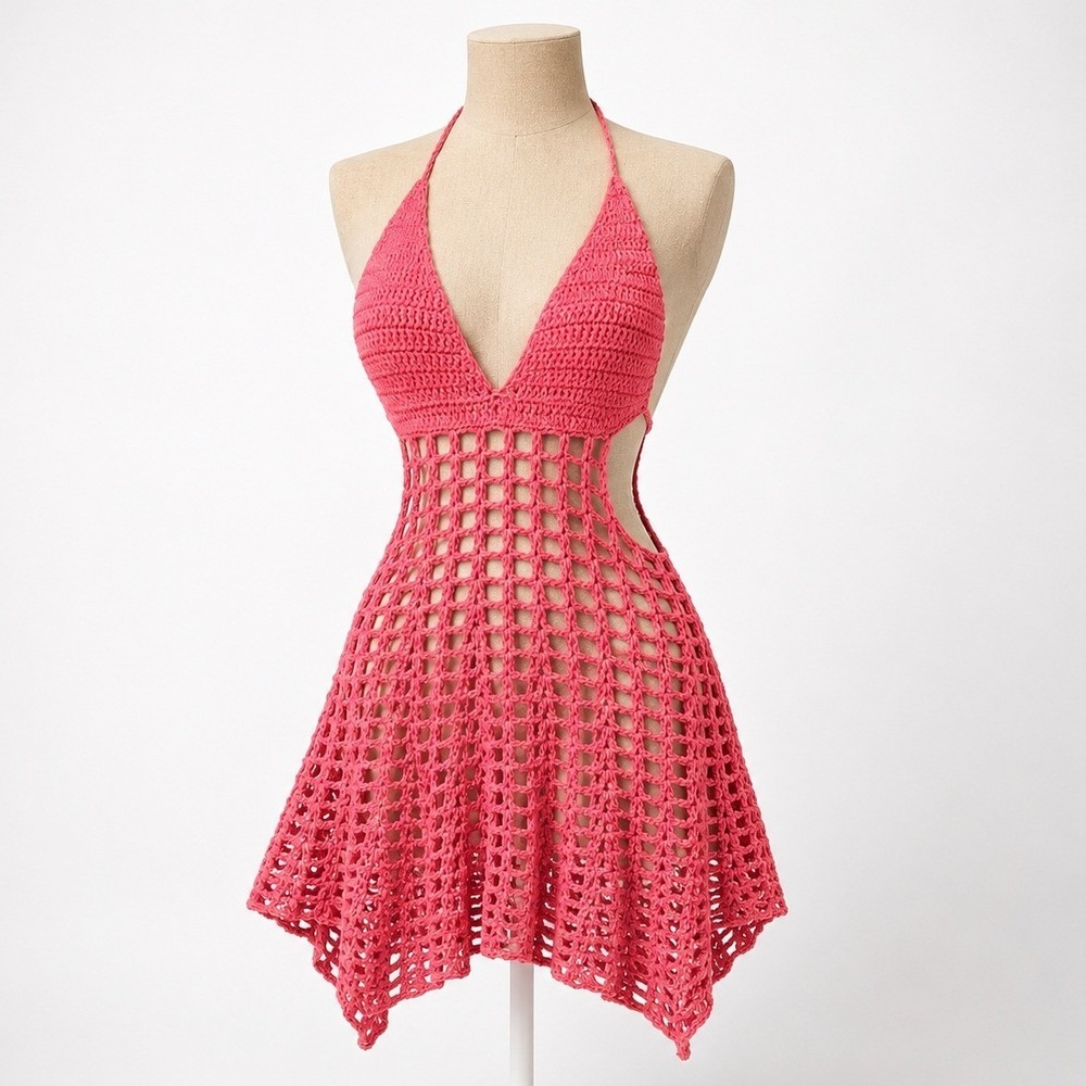 Handmade Crochet Halter Mini Dress Size S Pink Fishnet Festival Rave Beach Boho